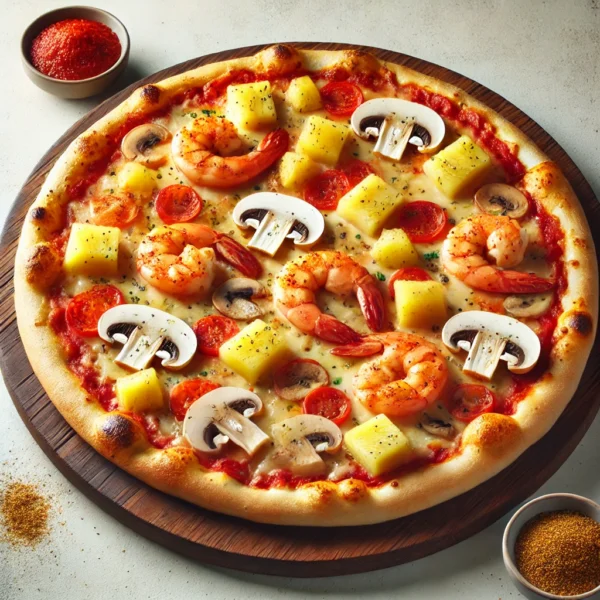 DALL·E 2025-03-05 18.43.12 - A Santa Maria pizza with a golden, crispy crust, topped with tomato sauce, melted cheese, fresh shrimp, sliced mushrooms, sweet pineapple chunks, and Santa Maria Pizza