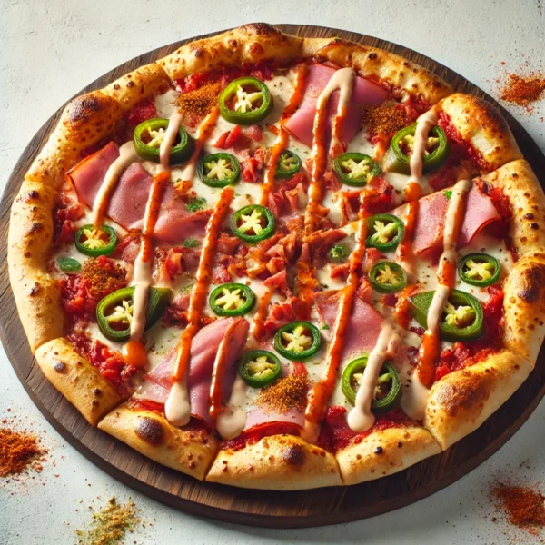 DALL·E 2025-03-05 18.56.32 - An Azteka pizza with a golden, crispy crust, topped with tomato sauce, melted cheese, thinly sliced ham, spicy jalapeños, taco seasoning, drizzles of Azteka Pizza