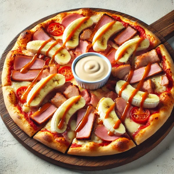 DALL·E 2025-03-05 19.08.22 - A Väster Pizza with a golden, crispy crust, topped with tomato sauce, melted cheese, thinly sliced ham, tender pork fillet, sweet banana slices, and d Väster Pizza