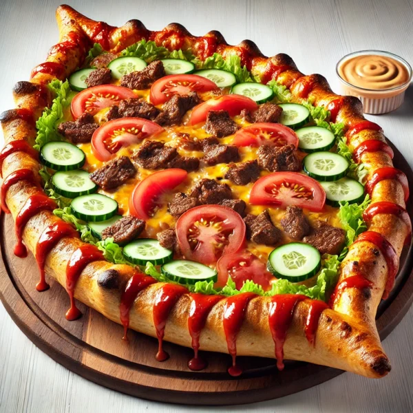 DALL·E 2025-03-05 19.30.59 - A Viking Båt (boat-shaped) pizza with a golden, crispy crust, shaped like a boat and filled with tomato sauce, melted cheese, juicy döner-style kebab Viking Båt (Inbakad Pizza)