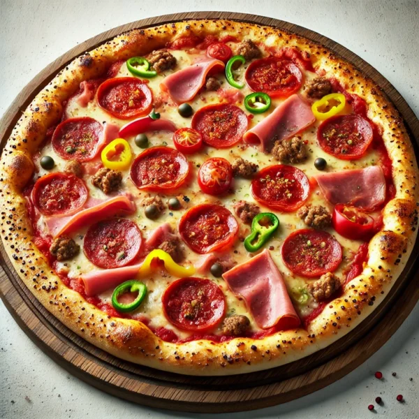 DALL·E 2025-03-05 19.50.36 - A Rimini pizza with a golden, crispy crust, topped with tomato sauce, melted cheese, thinly sliced ham, seasoned ground beef, slices of salami, and fr Rimini Pizza