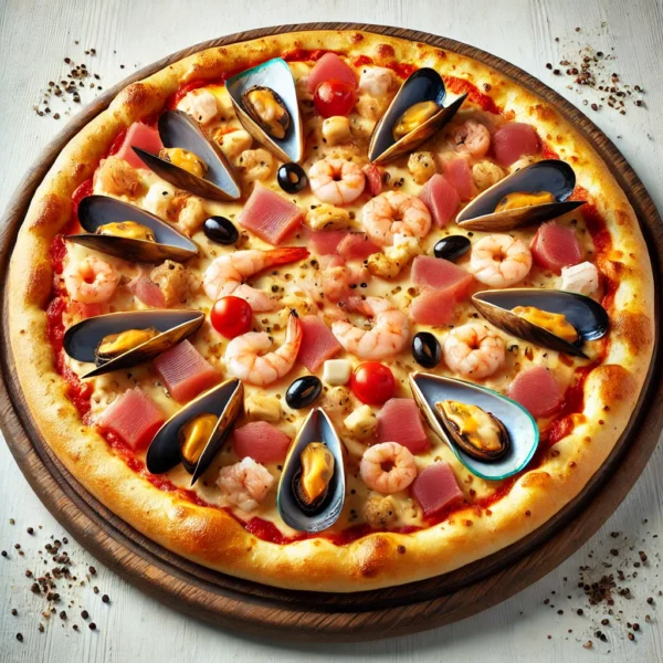 DALL·E 2025-03-05 20.27.15 - A Havets Pizza with a golden, crispy crust, topped with tomato sauce, melted pizza cheese, tuna, mussels, fresh shrimp, and surimi. The pizza is place Havets Pizza