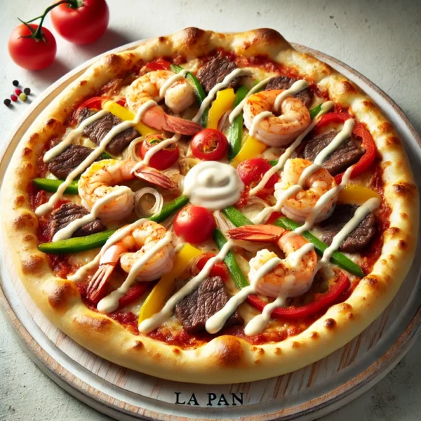 DALL·E 2025-03-16 11.47.29 - A La Pan pizza with a thick, golden, crispy pan crust, topped with tomato sauce, melted mozzarella cheese, tender beef fillet slices, fresh shrimp, sl La Pan Pizza