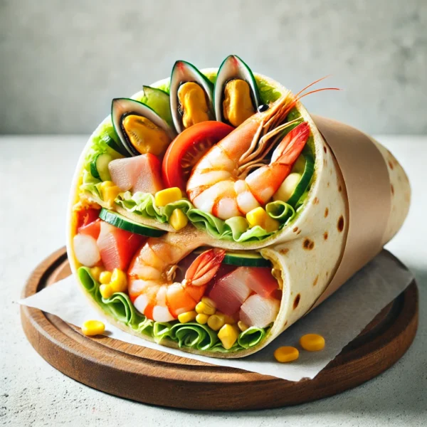 DALL·E 2025-03-16 15.17.09 - A West Coast Wrap sandwich with a golden, soft tortilla filled with fresh shrimp, mussels, tuna, surimi, crisp iceberg lettuce, sliced cucumbers, toma Västkustrulle