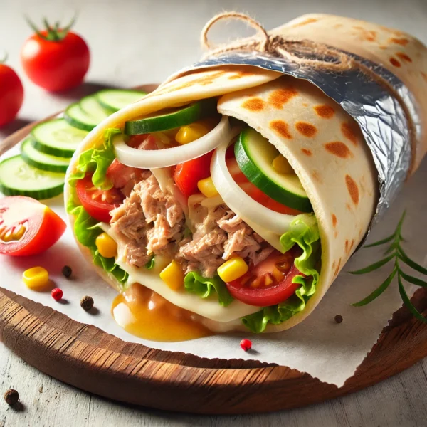 DALL·E 2025-03-16 15.53.39 - A Tuna Wrap sandwich with a golden, soft tortilla filled with tuna, sliced onions, fresh bell peppers, melted mozzarella cheese, crisp iceberg lettuce Tonfiskrulle