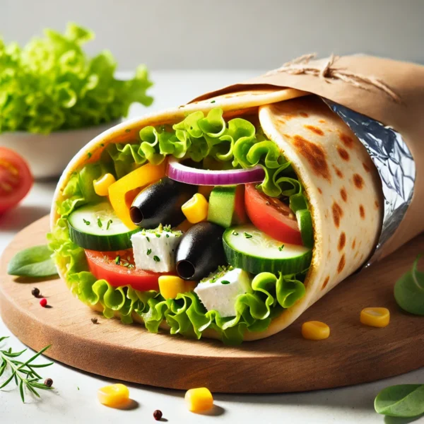 DALL·E 2025-03-16 16.05.17 - A Greek Wrap sandwich with a golden, soft tortilla filled with feta cheese, black olives, fresh bell peppers, sliced onions, crisp iceberg lettuce, sl Grekiskrulle
