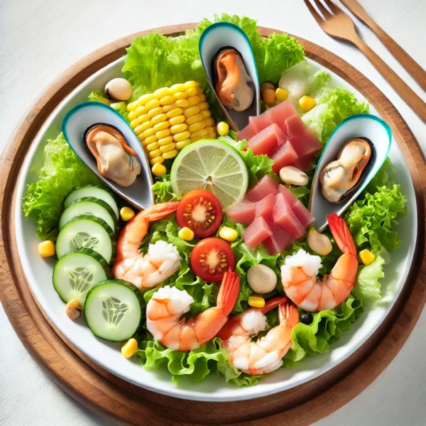 DALL·E 2025-03-16 19.32.47 - A West Coast Salad served on a white plate, featuring fresh shrimp, mussels, tuna, crab sticks, crisp iceberg lettuce, sliced cucumbers, tomatoes, and Västkustsallad