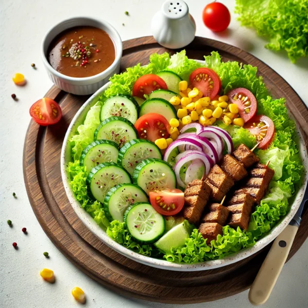 DALL·E 2025-03-16 19.49.37 - A Vegan Kebab Salad served on a white plate, featuring plant-based kebab slices, crisp iceberg lettuce, sliced cucumbers, tomatoes, red onions, corn, Vegansk Kebabsallad