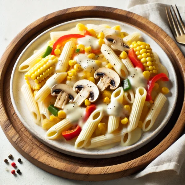 DALL·E 2025-03-16 20.12.44 - A Vegetarian Pasta dish served on a white plate, featuring melted mozzarella cheese, sweet corn, fresh bell peppers, sliced mushrooms, and creamy béch Vegetarisk Pasta