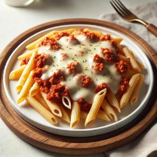 DALL·E 2025-03-16 20.16.44 - A Pasta Bolognese dish served on a white plate, featuring penne pasta topped with rich, meaty Bolognese sauce and melted mozzarella cheese. The dish h Pasta Bolognese